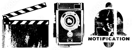 Classic movie clapperboard, antique film camera, notification bell symbol, retro cinema tools, film production, black and white vector graphics, halftone texture style.