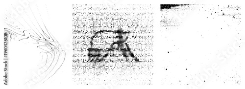 Stylized human figure rendered in halftone dots, paired with dynamic curved, vector art, isolated foreground, minimalist design.