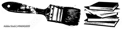Graphic brush with worn handle beside stacked books, halftone texture, artistic tools, creative workspace, black and white vector art.