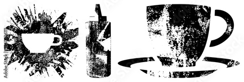 Distressed black and white vector of coffee cup, soda bottle, and espresso mug with halftone grain, ideal for café branding or beverage design.