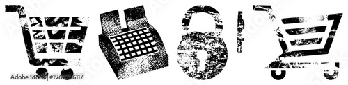 Distressed halftone of shopping cart, cash register, and padlock, ideal for e commerce, security, or retail themes. Synonyms checkout symbols, transaction, digital commerce glyphs.