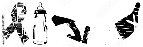 Ripped ribbon symbolizing support, baby bottle for infant care, handgun for safety or gun control, hand giving thumbs up for approval or positivity.