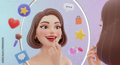 3D Woman Applying Lipstick in Mirror, Beauty and Lifestyle Concept