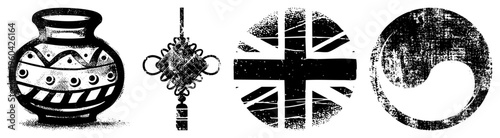 Decorative, Chinese knot, Union Jack flag, yin yang symbol stylized with halftone texture, graphic design elements, cultural motifs.