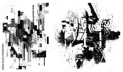 Black and white halftone cityscape, urban architecture, industrial machinery, abstract buildings, gritty texture, vector illustration.