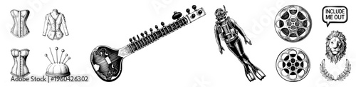 Historical fashion corsets, Indian sitar instrument, scuba diver, film reels, lion, sewing pin cushion, isolated vector.