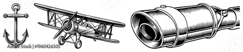 Classic anchor symbol, antique biplane aircraft, cannon barrel illustration, nautical, aviation, military, engraved art, historical.