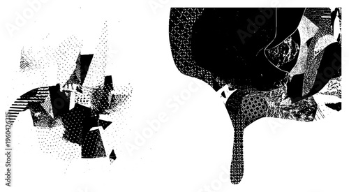 Fragmented abstract forms composed of halftone textures, vector graphic with bold shapes, isolated art elements, modern design composition.