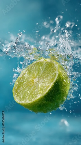 Fresh Lime Splashing into Clear Water with Bubbles and Ripples