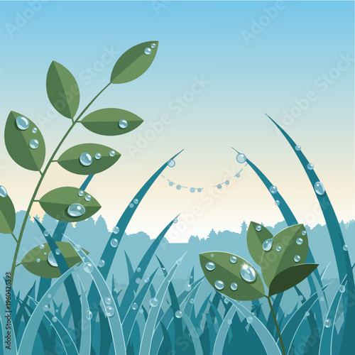 Green leaves and grass blades adorned with dew drops, against a hazy sky