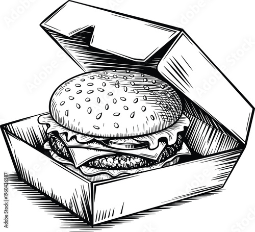 Vintage hand drawn hamburger in cardboard box, fast food cheeseburger sketch, takeout delivery vector illustration