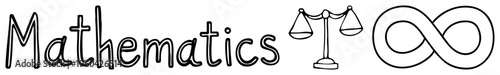 Mathematical concept logo featuring handwritten text, justice scale, and infinity loop, educational or academic design, minimalist vector art.