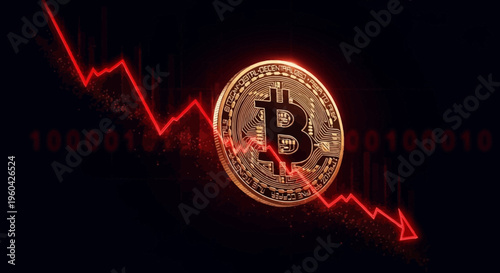 Bitcoin Crash: Red Downward Trend Line Over Golden Cryptocurrency Coin