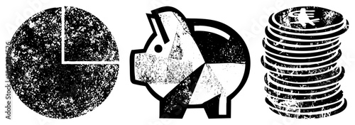 Distressed black and white financial symbols including pie chart, piggy bank, and coin stack, ideal for budgeting, savings, or economic visuals.