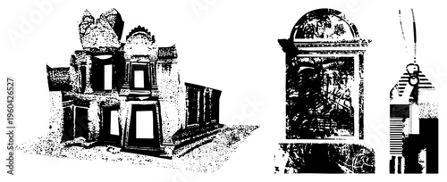 Black and white halftone vector of ancient building ruins, decorative tombstone, and hanging tag, rendered in gritty texture, ideal for retro design or historical themes.