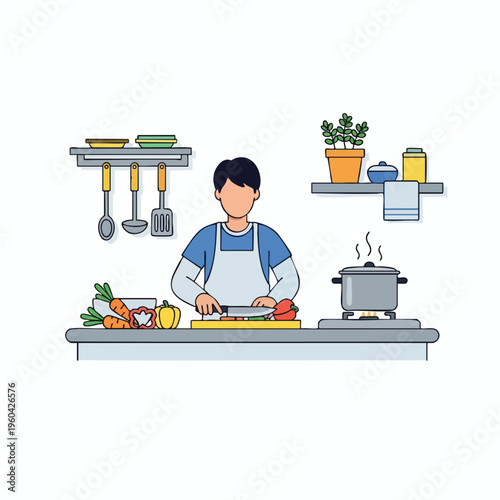 Person in apron chopping vegetables on a cutting board next to a steaming pot