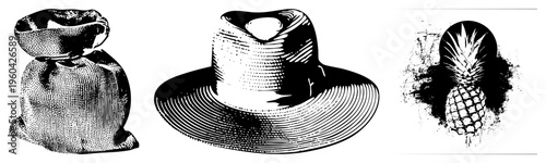 Textured sack, wide brimmed hat, spiky rendered in halftone dots, vintage graphic style, isolated elements, vector art, design.