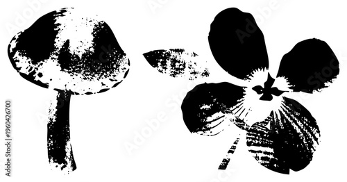 Textured mushroom cap and stylized flower cutout, distressed stencil art, botanical vector graphic, nature motifs, artistic print design.