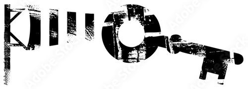 Graphic key with distressed texture, fragmented geometry, design, digital illustration, symbolic unlock concept.