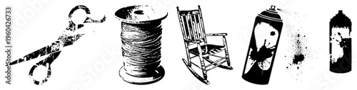 Scissors, thread spool, rocking chair, spray paint cans classic DIY and street art gear, stylized black and white vector for creative projects.