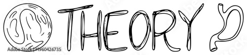 Sketch style word "THEORY" flanked by brain and stomach doodles, conceptual art, educational illustration, minimalist vector graphic, medical or psychology theme.