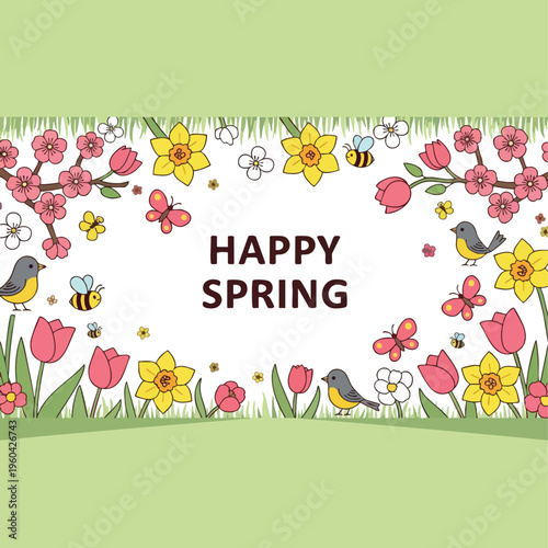 Whimsical illustration of "Happy Spring" surrounded by flowers, birds, and bees