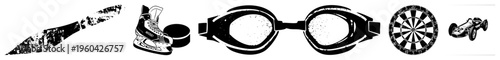 Classic athletic gear and equipment in bold black and white, including hockey skate with puck, swim goggles, dartboard, and race car, stylized vector for sports nostalgia.