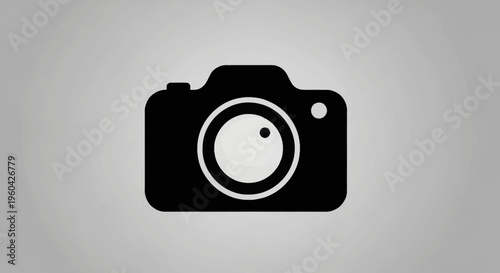 Black Camera Icon on Gray Gradient Background, Minimalist Photography Symbol
