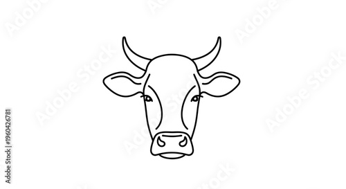 Minimalist Line Art Cow Head Icon, Simple Black and White Vector Illustration of a Farm Animal