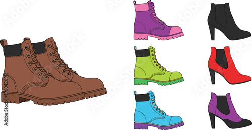 Footwear Set with Various Boot and Shoe Designs for Fashion, Outdoor Activities, and Stylish Footwear