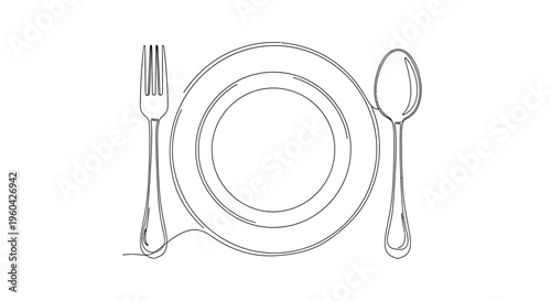Minimalist line art drawing of a plate, fork and spoon, representing a meal setting.