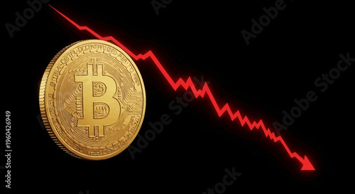 Bitcoin Cryptocurrency Price Crash Downward Trend Red Arrow Graph Black Background