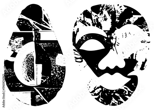 Graphic representation of stylized human face and helmet, fragmented silhouette art, stencil style vector design, bold contrast, urban graffiti aesthetic, illustration.