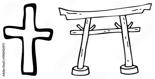 and Japanese torii gate, symbolic religious, spiritual emblem, sacred marker, spiritual sign, cultural symbol, minimalist black.