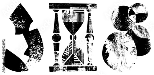 Stylized black shapes with distressed halftone, abstract composition, graphic design elements, vector art, fragmented forms, textured silhouettes, modern minimalism.