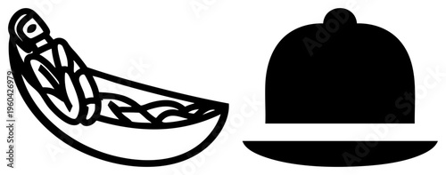 Viking longship with ornate carvings and oars, paired with a modern cloche serving lid, minimalist black, flat design for UI.