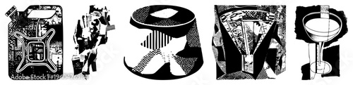 Graphic composition of stylized forms, halftone, geometric abstraction, modernist design, vector illustration, graphic art, black and white.