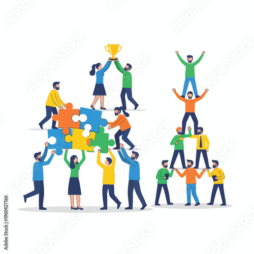 Diverse team building puzzle pyramids & holding trophy, celebrating success