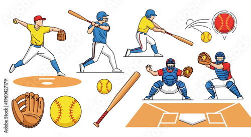 Baseball and Softball Players in Action: Pitcher, Batter, Catcher, Field Elements