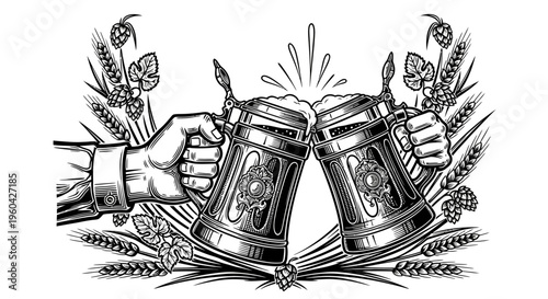 Cheers! Two hands clinking beer mugs with hops and barley, vintage illustration