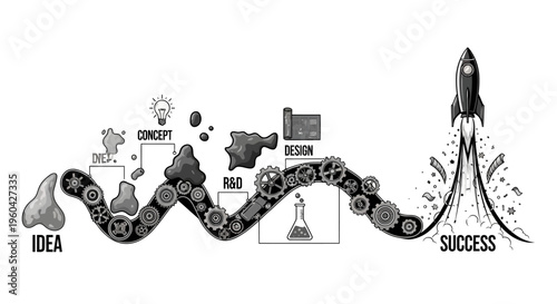 Business Growth Journey: Idea to Success with Gears and Rocket Launch