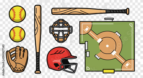 Baseball and Softball Equipment and Field - Flat Design Vector Illustration
