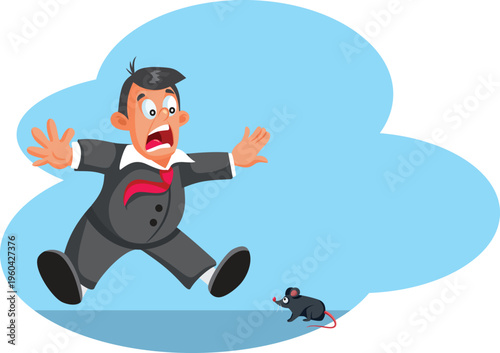 Businessman Scared by a Little Mouse Vector Illustration. Started man screaming and jumping when he sees a pest rodent 