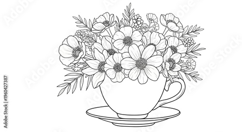 Elegant Floral Arrangement in Teacup: Line Art Coloring Page