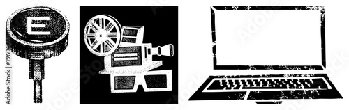 Classic film projector, retro typewriter, modern laptop all rendered in halftone vector art,, stylized tech, isolated digital symbols.