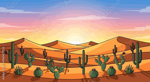 Desert Landscape at Sunset with Cacti and Sand Dunes