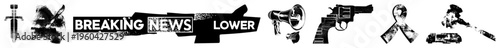 News alert graphic with distressed "BREAKING NEWS" text, paired with sword, megaphone, revolver, ribbon, gavel, and bomb all in high contrast black and white vector style.