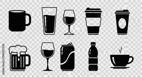 Collection of Drink Icons: Coffee, Beer, Wine, Soda, Water, and Tea Glasses