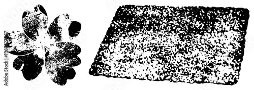 Black and white bloom with grunge texture, paired with halftone rectangular panel, vector graphic, isolated elements, artistic stencil style, design.