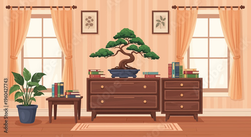 Cozy Living Room Interior with Bonsai Tree, Books, and Potted Plant